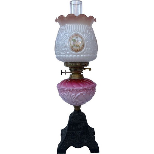 Vintage Victorian oil lamp with milk glass and iron metal, England 1900
