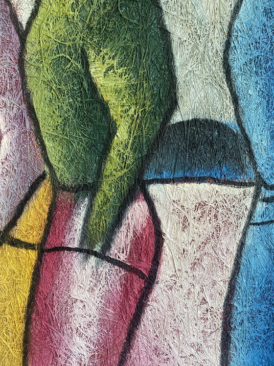 Image 1 of Modern kunstwerk met vijf figuren – voelbare textuur en prachtig kleurgebruik, formaat 78x89