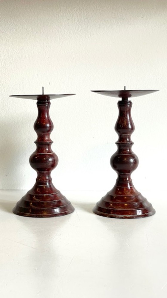 Image 1 of Vintage Patinated Metal Candlesticks