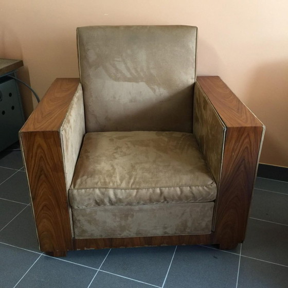 Ensemble de Fauteuils Club Art Déco en Alcantara & Noyer, 1930 – Wood, Art Deco (photo 14 of 16)