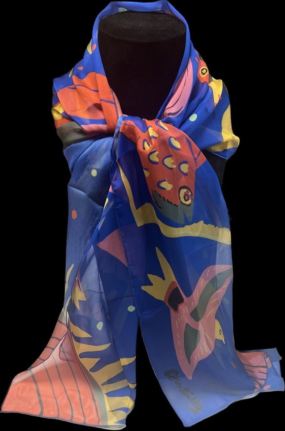 Image 1 of Guillaume Corneille: Farandole d'Oiseaux Foulard en Mousseline de Soie Brochier