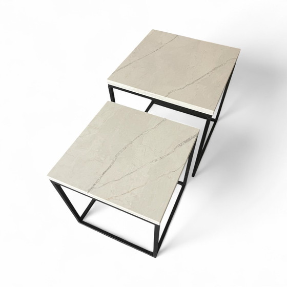 Image 1 of Vintage bijzettafeltjes set in marmer natuursteen 