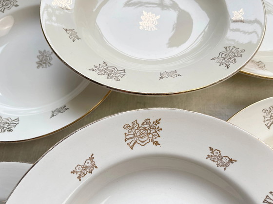6 Vintage Digoin & Sarreguemines France 1950 Porseleinen Diepe Borden met Kleine Gouden Bloemen – Servies (photo 4 of 14)