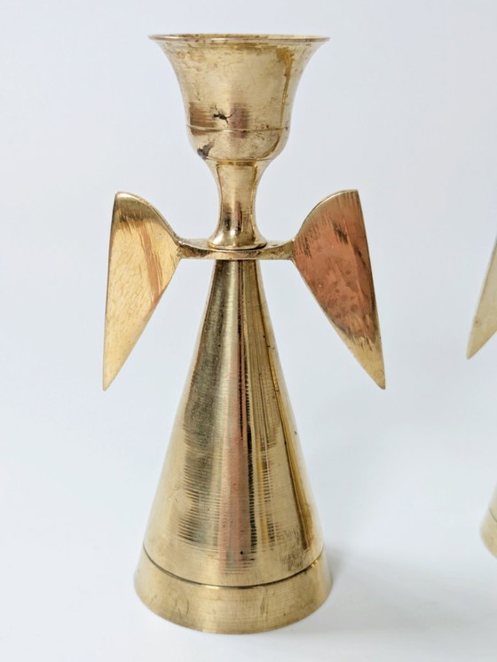 Image 1 of Coppia di portacandele vintage a forma di angelo in ottone, decorazioni natalizie in stile moderno di metà secolo