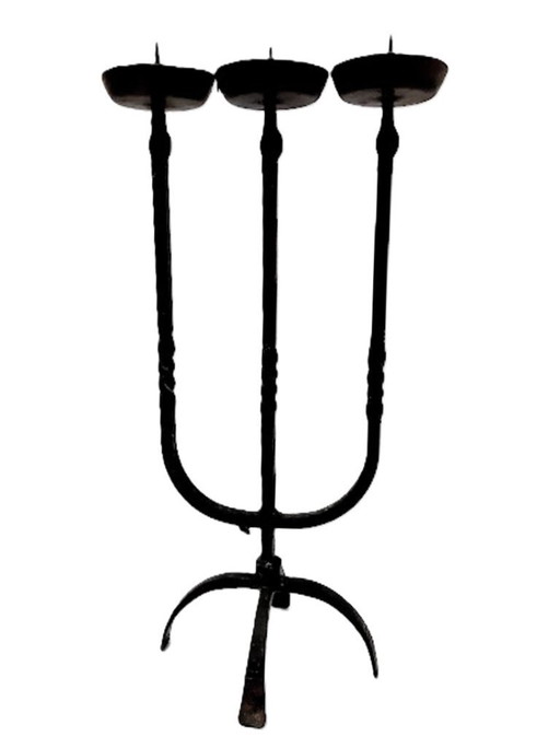 Portacandele triplo grande in ferro battuto antico lavorato a mano