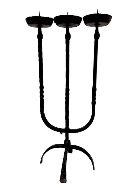 Image 1 of Portacandele triplo grande in ferro battuto antico lavorato a mano