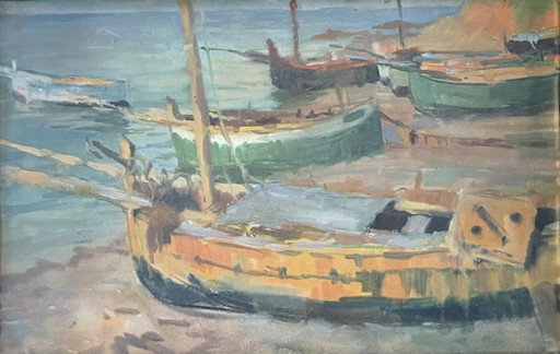Jules Van De Leene, Stranded Boats, Gouache, 1920s