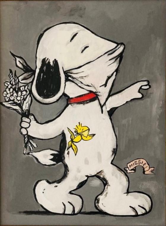 Image 1 of Miggie : "Nous voulons tous être un Banksy, par Snoopy". Peinture unique et signée à la main, avec COA. Cadre inclus.