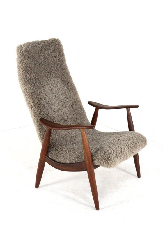 Image 1 of Fauteuil vintage rembourré en tissu poilu, style milieu du siècle