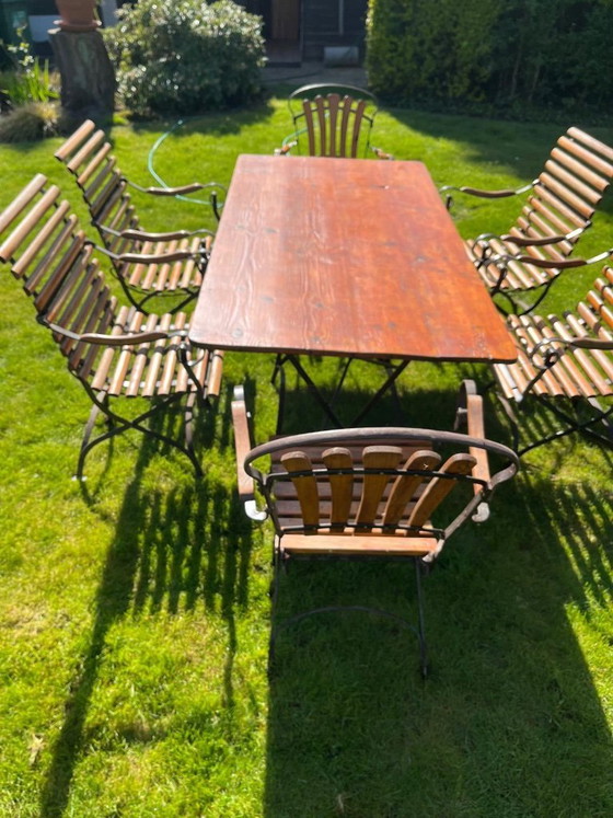 Image 1 of Set Art Nouveau tuinmeubelen in hout en smeedijzer - tafel en 6 stoelen