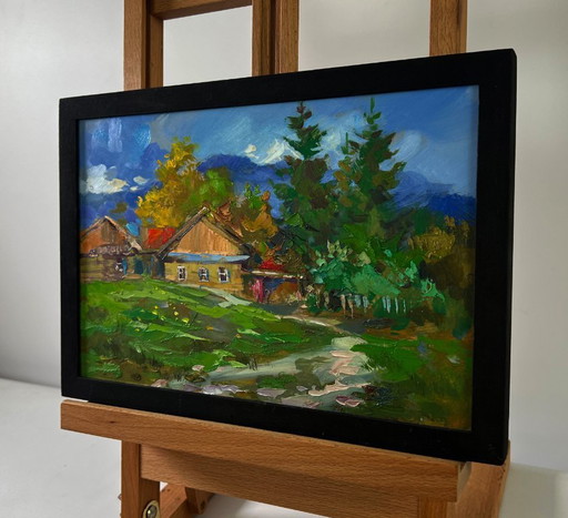 Original Oil Painting Rural Life Landscape Path to the Village