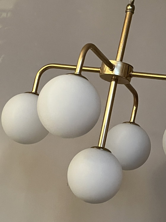 Image 1 of Vintage Spherical Pendant Lamp Gold Frame Milk Glass