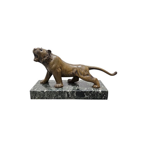Tigre antique français en bronze sur base en marbre, fin 19e siècle