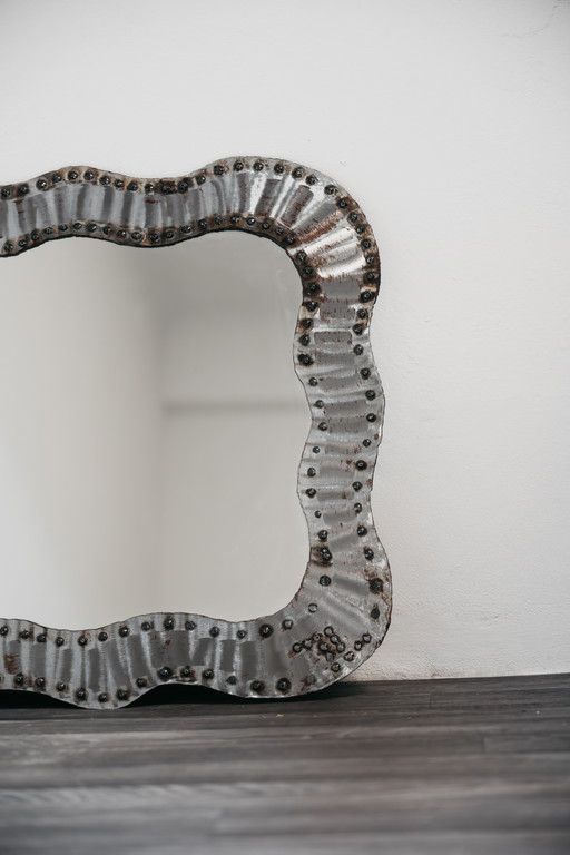 Brutalist Studded Metal Wall Mirror, 1960s Modern Design