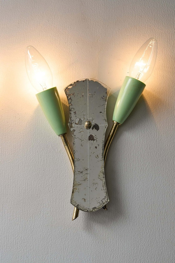 Applique murale en laiton et verre miroir, années 1950, Appliques murales, Plastique (photo 6 sur 15)