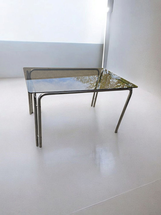 Image 1 of Italian vintage chrome metal dining table smoked glass 1970s