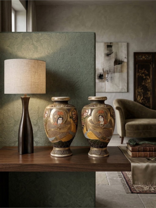 Pair of early 20th-century Satsuma Japanese vases – polychrome and gilt decoration with figures – workshop signature – 31 cm