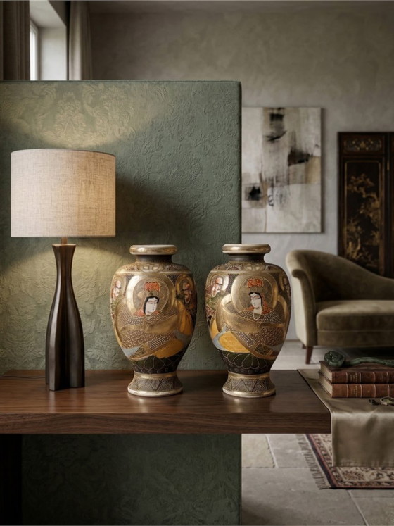 Image 1 of Pair of early 20th-century Satsuma Japanese vases – polychrome and gilt decoration with figures – workshop signature – 31 cm