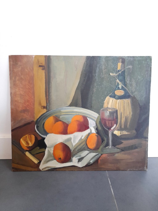 Beautiful still life painting of oranges and wine – schilderijen tekeningen, Wood