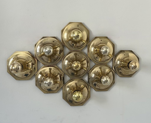 Set of 9 brass sconces, motoko ishii for staff leuchten 1970
