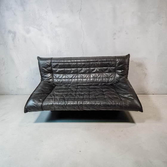 Image 1 of Vintage designer leather 3-seater sofa, couch, Rolf Benz, 1970s/1980s, modern design, black