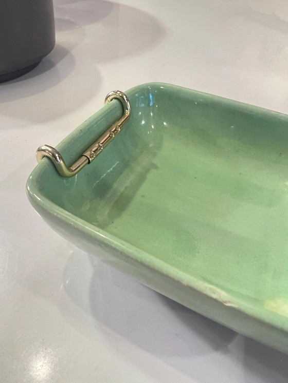 Ciotola Mid Century per snack e servizio in menta e rosa con manico in ottone degli anni '50, made in Germany (photo 6 of 7)