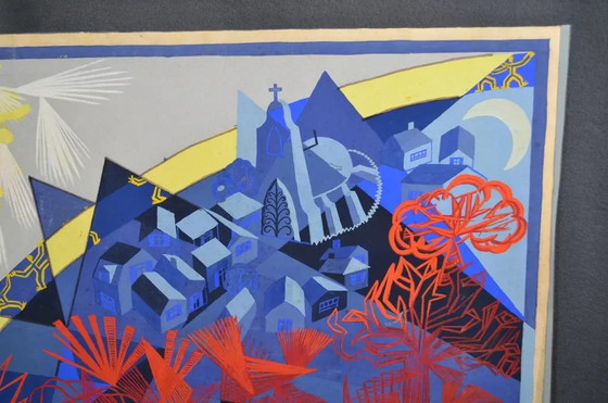 Jean Deldevez, "Il Villaggio Immaginato" Gouache, Firmata in Basso a Destra. – Dipinti e disegni (photo 3 of 10)