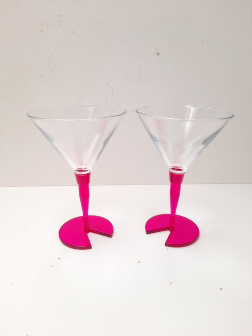 Pair of bright pink 1980s cocktail glasses