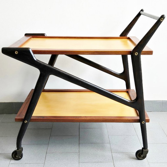 Image 1 of Vintage 1950s Rolling Bar Cart, Mahogany & Varnished Wood, 50s Rockabilly