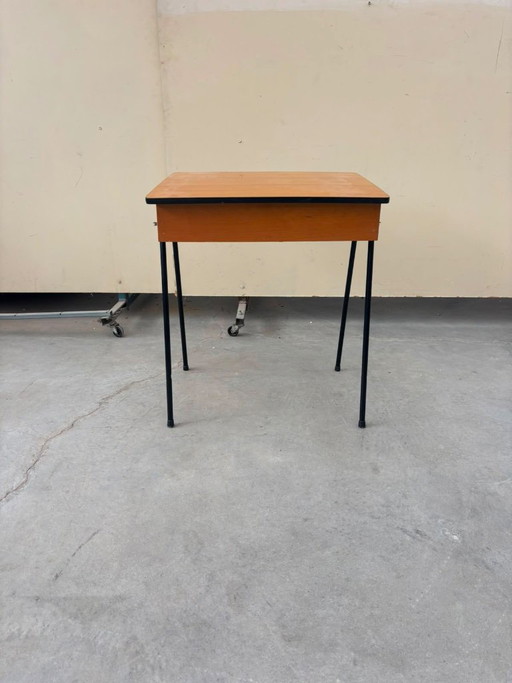 Vintage Mid-Century Wooden Side Table with Black Metal Legs – 1960s