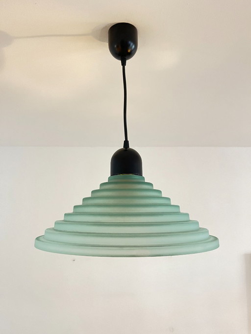 Vintage aquagroene plafondlamp met honingraatstructuur van glas, postmodernistische hanglamp uit de jaren 80.