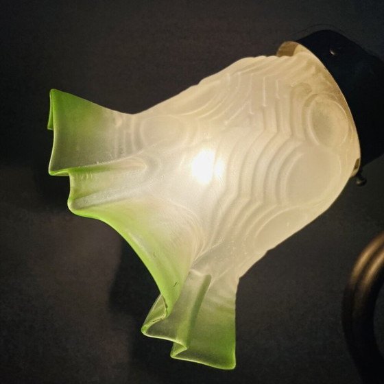 Art Nouveau Inspired Curved Brass Green Tulip Glass Table Lamp (photo 10 of 14)