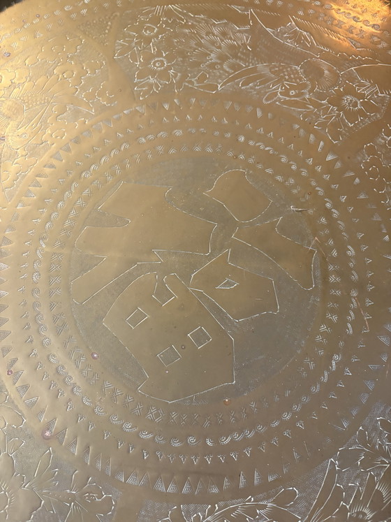 Image 1 of Oriental vintage round coffee table with walnut base and brass tray, 1970s