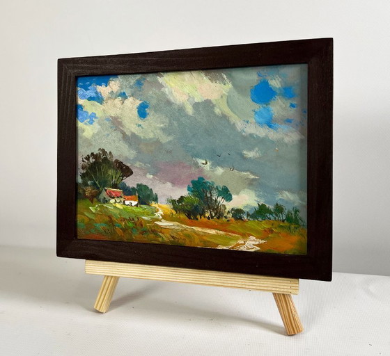 Image 1 of Original Oil Painting Summer Village Landscape The sky over the village was overcast