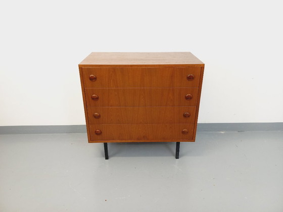 Image 1 of Vintage Scandinavische ladekast in teakhout en zwart metaal uit de jaren 60