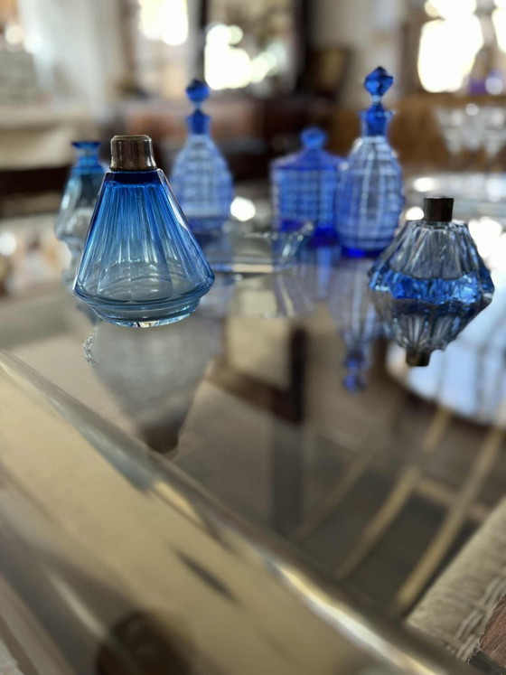 Pressed Glass Perfume Bottles and Powder Jar, 1940s, Set of 7, Dressing tables, Blue, Art Deco (photo 3 of 5)