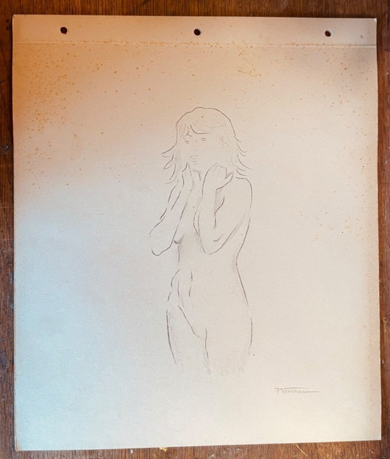 Image 1 of Nude female drawing "sketchbook hand held high" on antique cardboard