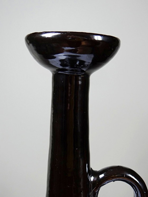 Image 1 of Grote Biot-kandelaar van zwart geglazuurd aardewerk, voorheen een lampvoet, jaren 60.