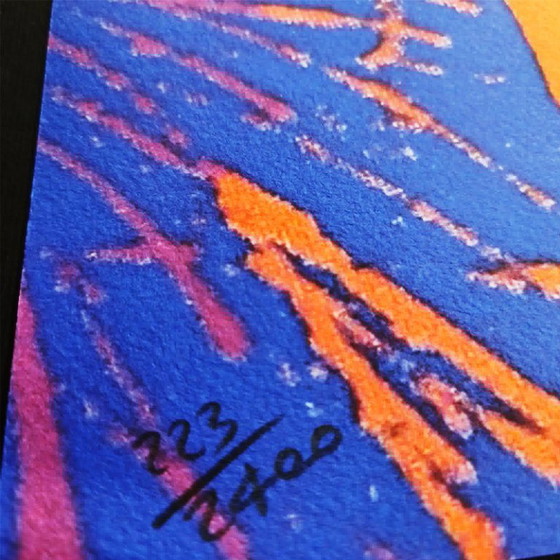 Image 1 of Grande lithographie d'Andy Warhol « Fleurs » violette, édition limitée numérotée au crayon par le CMOA. 60 cm /