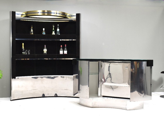 Image 1 of Cocktail Bar in pelle scamosciata nera, ottone e cromo di o nello stile di Willy Rizzo - Italia, anni '70