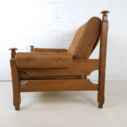 Vintage fauteuil brutalist Deens design hout stof jaren 70