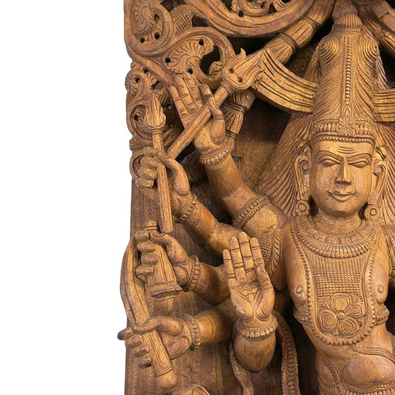 Monumentaal Antiek Zuid-Indiaas Houten Tempelpaneel van Shiva's Kosmische Dans (107 cm) – 17 kg Massief (photo 6 of 9)