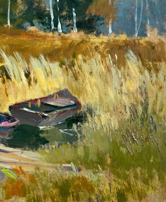 Image 1 of Original Oil Painting Autumn Forest Landscape Forest reflection in a pond