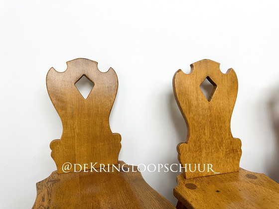 Image 1 of 4x Vintage Brutalist wooden chairs with a diamond pattern
