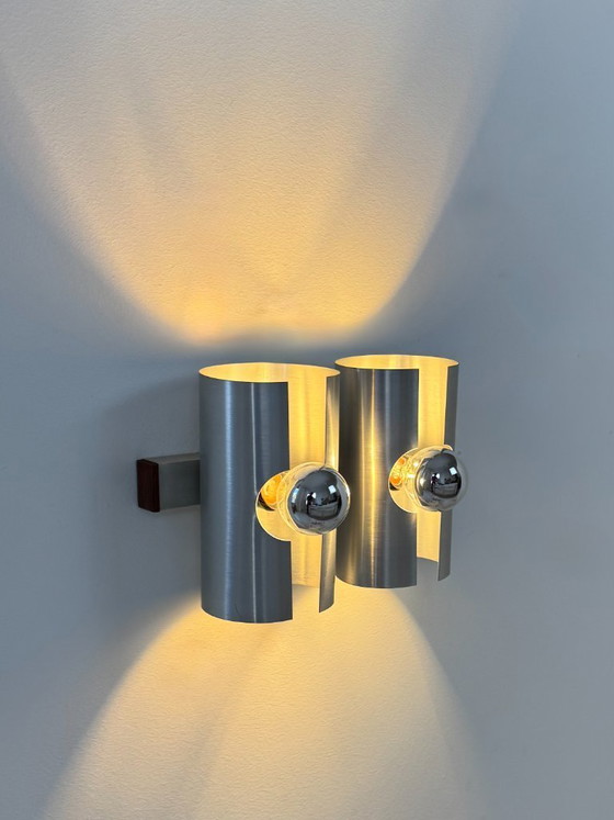 Image 1 of Applique vintage double métal brossé et palissandre, France, 1970