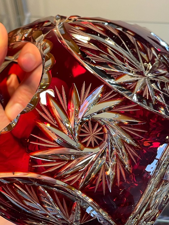 Cesto in Vetro di Cristallo Tagliato Rosso Rubino Boemo Vintage, Bohemia, Accessori da tavola (foto 14 di 15)