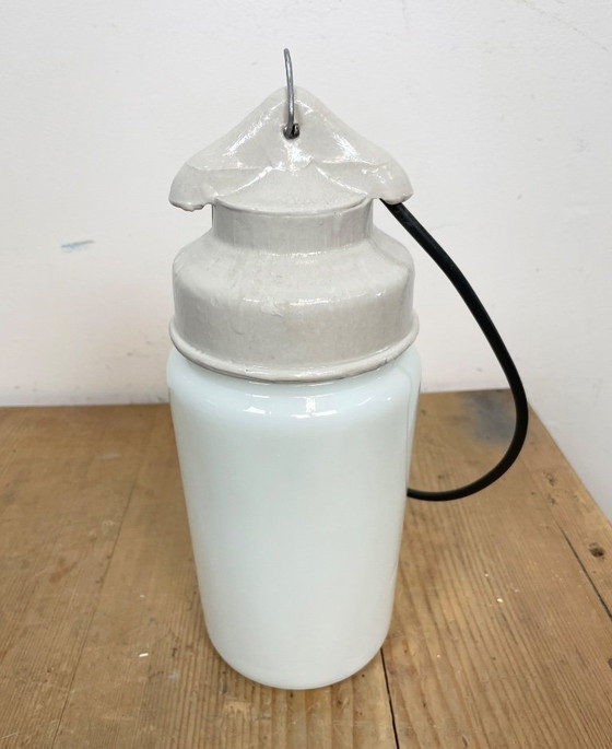 Image 1 of Industrial White Porcelain Pendant Light with Milk Glass, 1970s