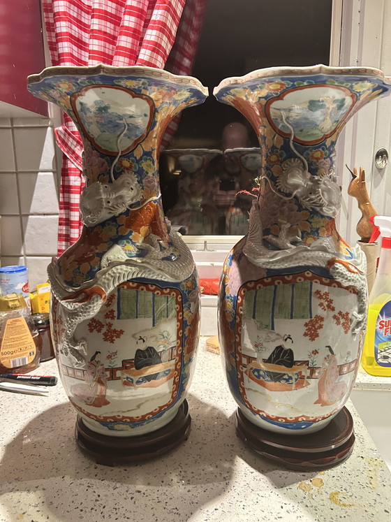 Image 1 of Japanese Hizen Shinpo porcelain maker's mark set of two vases 