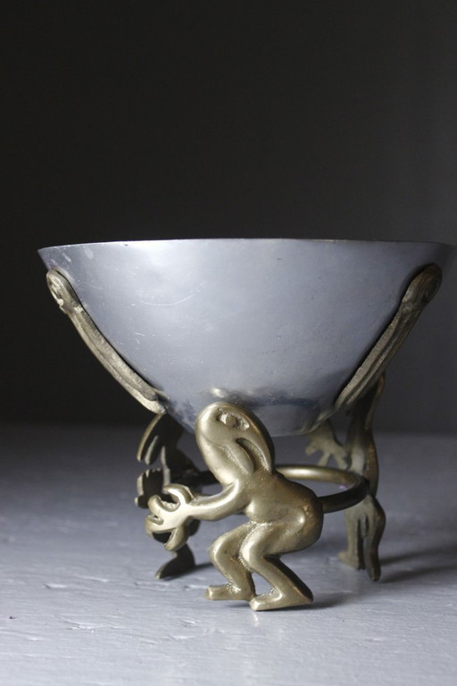 Sculpturale kom, postmoderne vormgeving, messing en aluminium, jaren 80