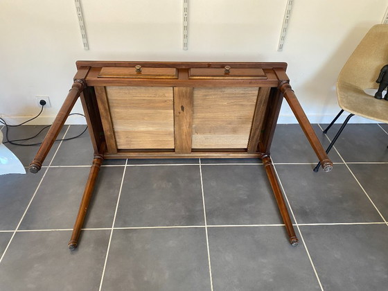 Image 1 of Bureau ancien merisier et marqueterie 2 tiroirs et 2 tablettes 112x60 h76cm